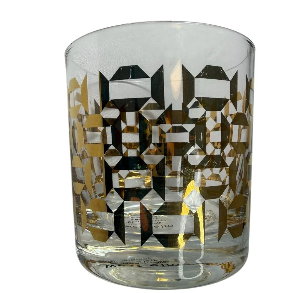 WEST ELM Whiskey Glass Rocks Gold Geometric Pattern. Retro 1960s